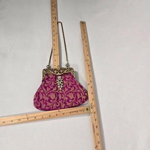 VINTAGE - ANTIQUE Bridgerton Hipster FUCHSIA Embellished Gold Details Clutch Bag - Picture 17 of 17
